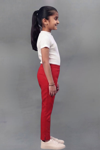 Girls Red Colour Straight Pant
