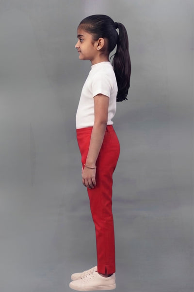 Girls Red Colour Straight Pant