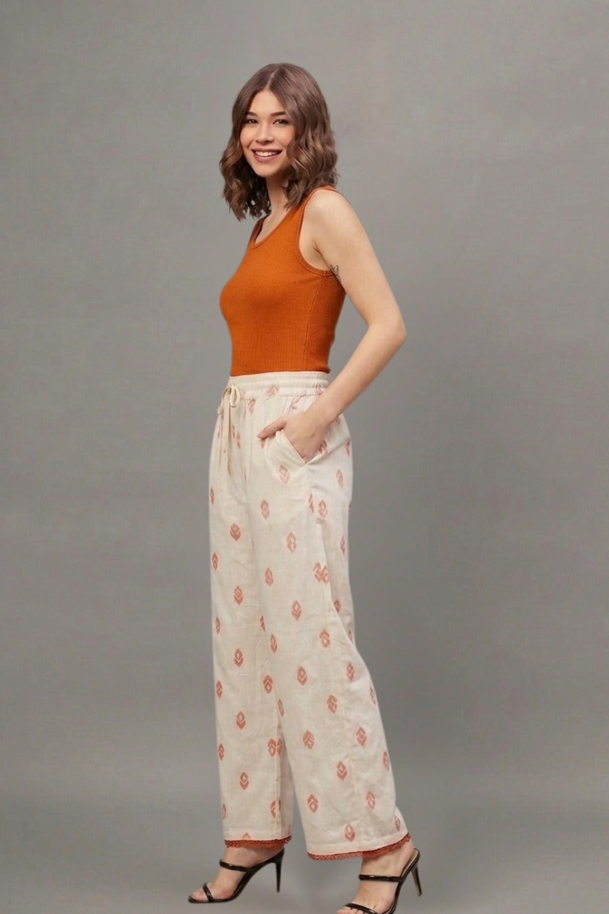 Ivory Rust Buti Print Cotton Palazzo