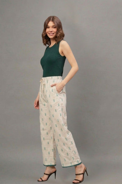 Ivory Sage Green Buti Cotton Lace Palazzo