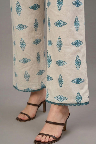 Ivory Teal Ethnic Motif Print Cotton Palazzo