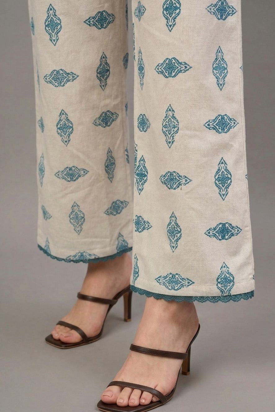 Ivory Teal Ethnic Motif Print Cotton Palazzo