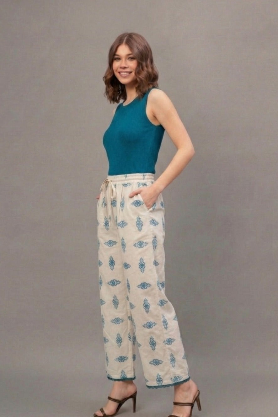 Ivory Teal Ethnic Motif Print Cotton Palazzo