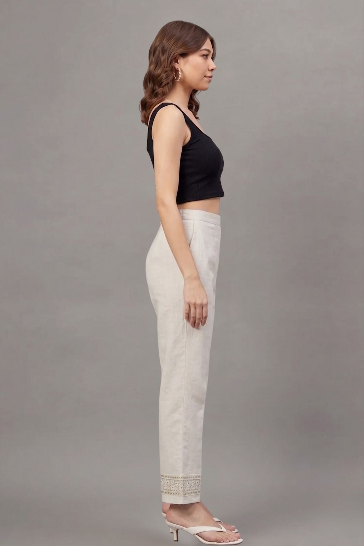 Ivory Floral Threadwork Cotton Flex Lace Pants