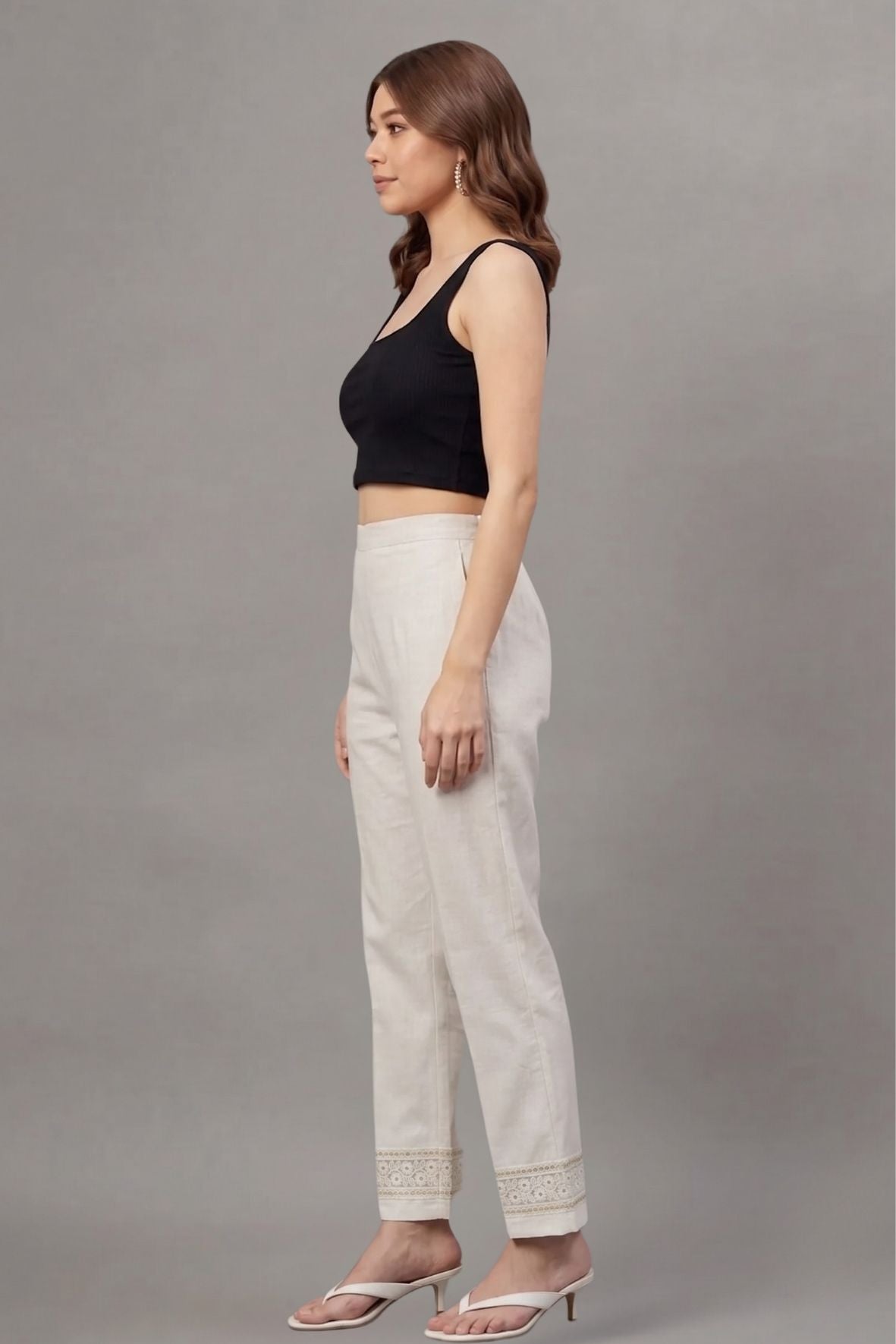Ivory Floral Threadwork Cotton Flex Lace Pants
