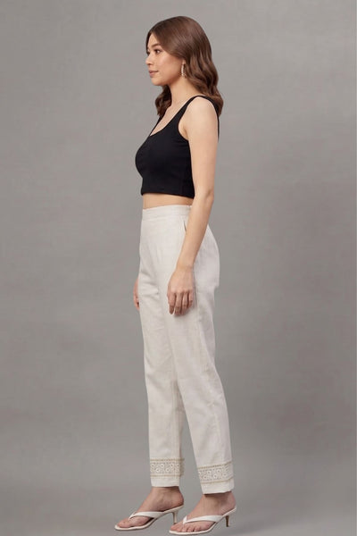 Ivory Floral Threadwork Cotton Flex Lace Pants