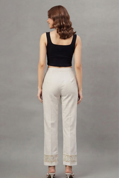 Ivory Floral Threadwork Cotton Flex Lace Pants