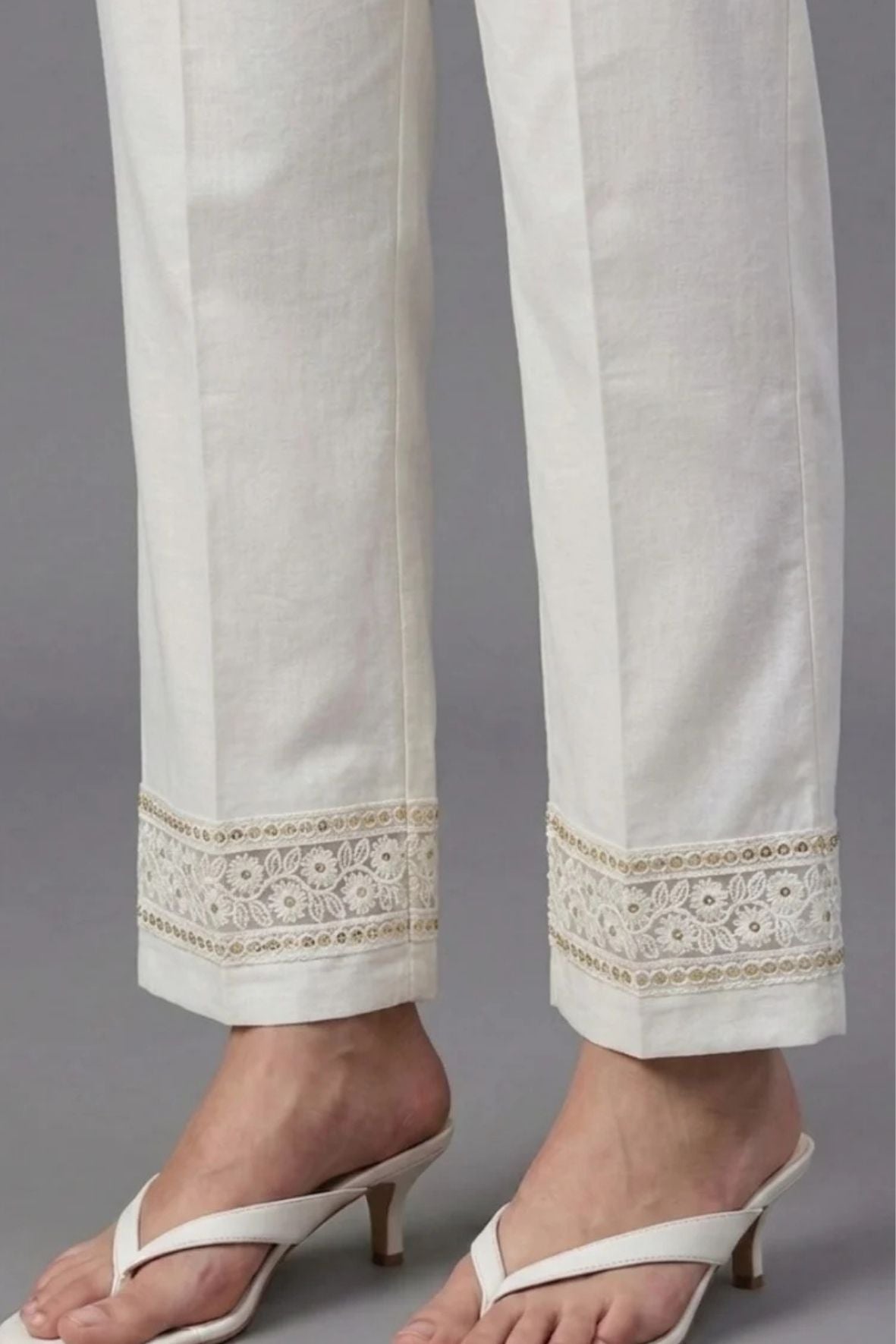 Ivory Floral Threadwork Cotton Flex Lace Pants