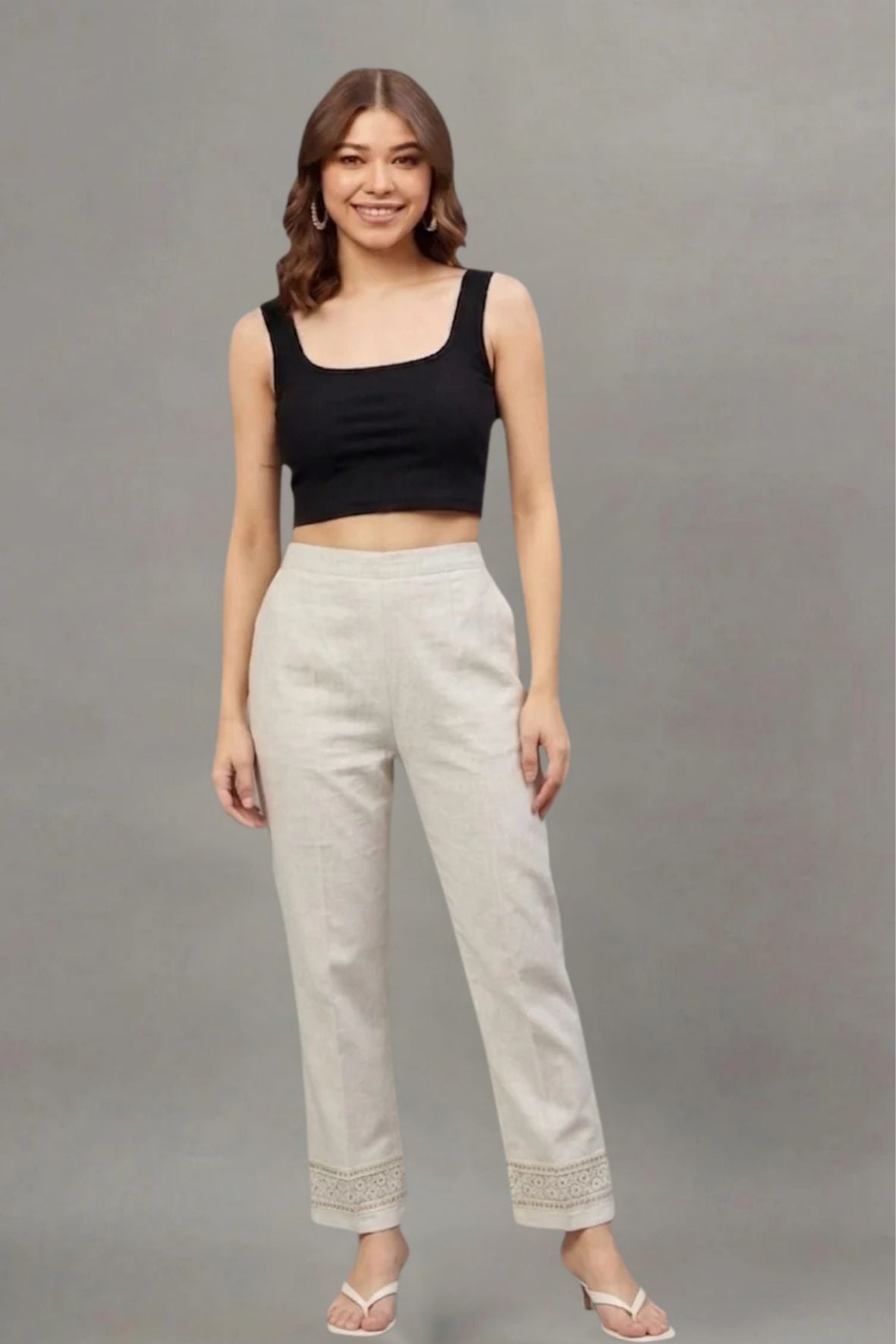 Ivory Floral Threadwork Cotton Flex Lace Pants