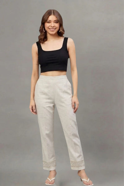 Ivory Floral Threadwork Cotton Flex Lace Pants