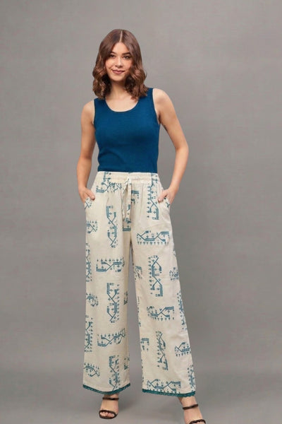 Teal Tribal Print Cotton Lace Palazzo