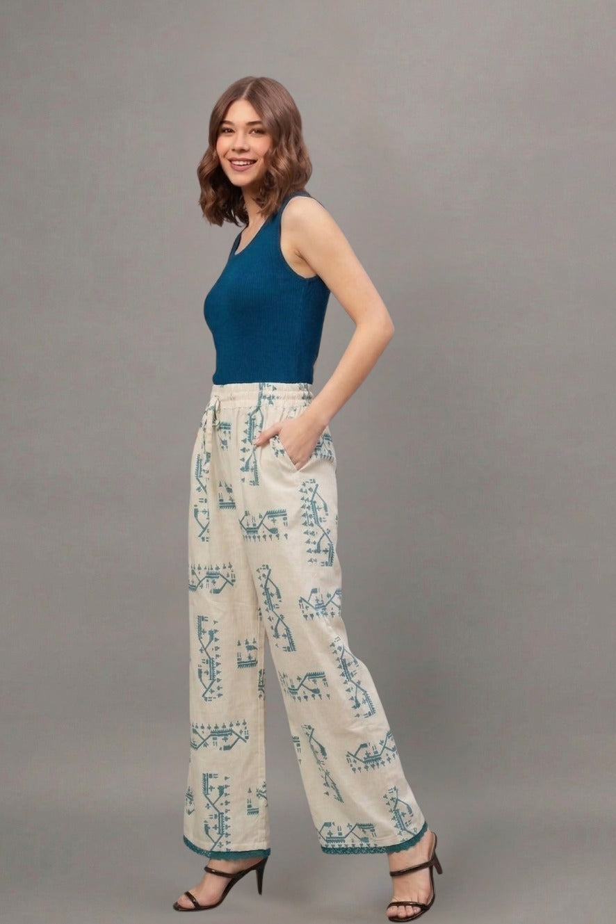 Teal Tribal Print Cotton Lace Palazzo