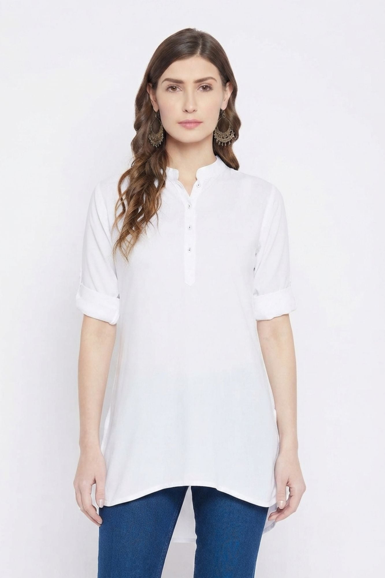 White Solid Coloured Short Kurti - 32" Length