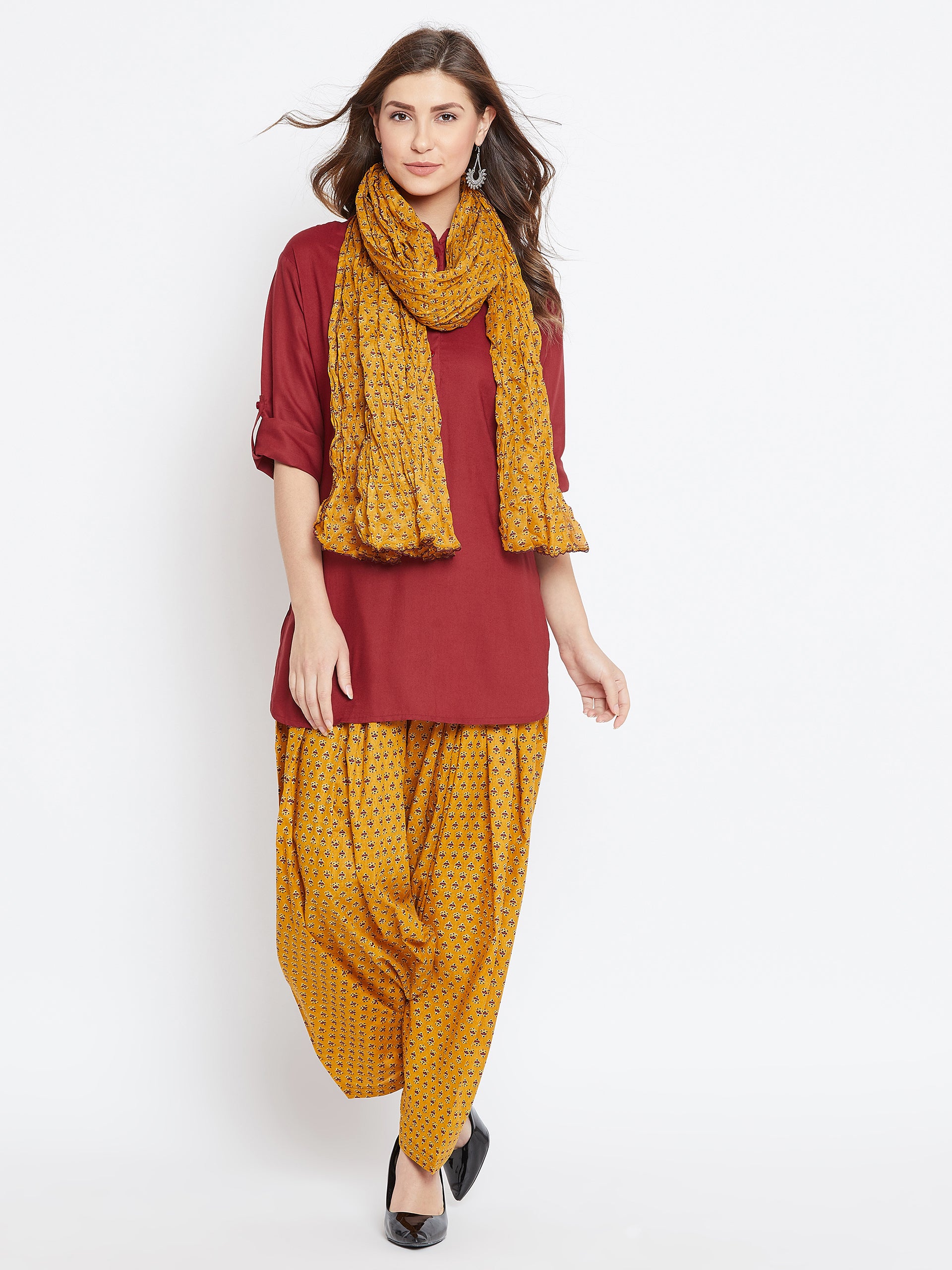 Ditsy Print Patiala with Maroon Kurti Set