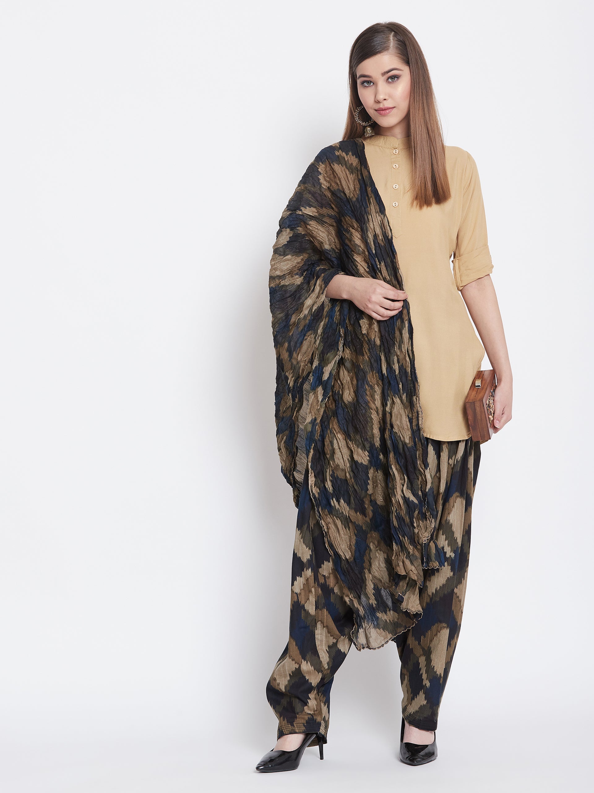 Ikat Print Patiala with Tan Brown Kurti Set