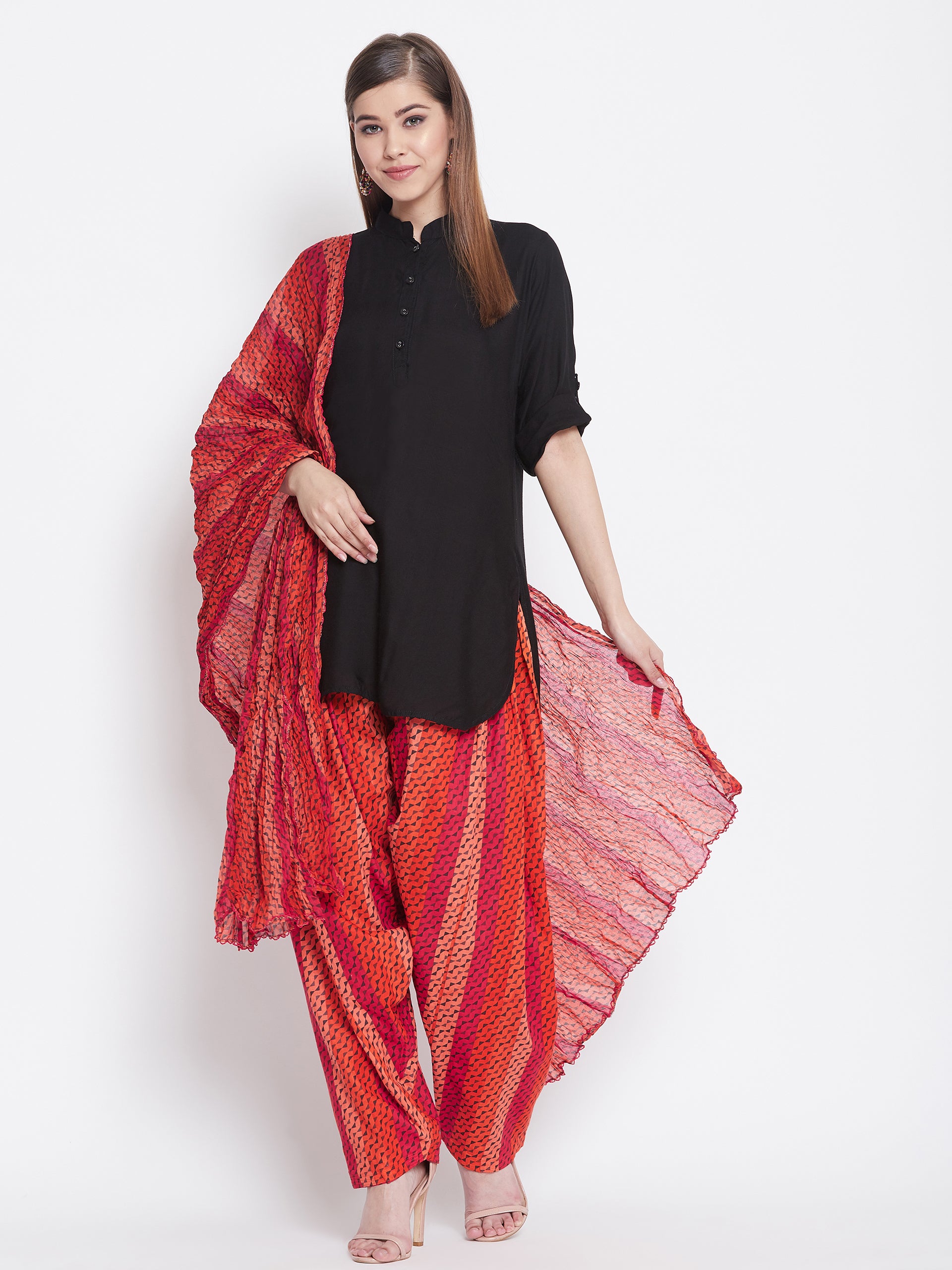 Multicolour Floating Lines Patiala with Black Kurti Set