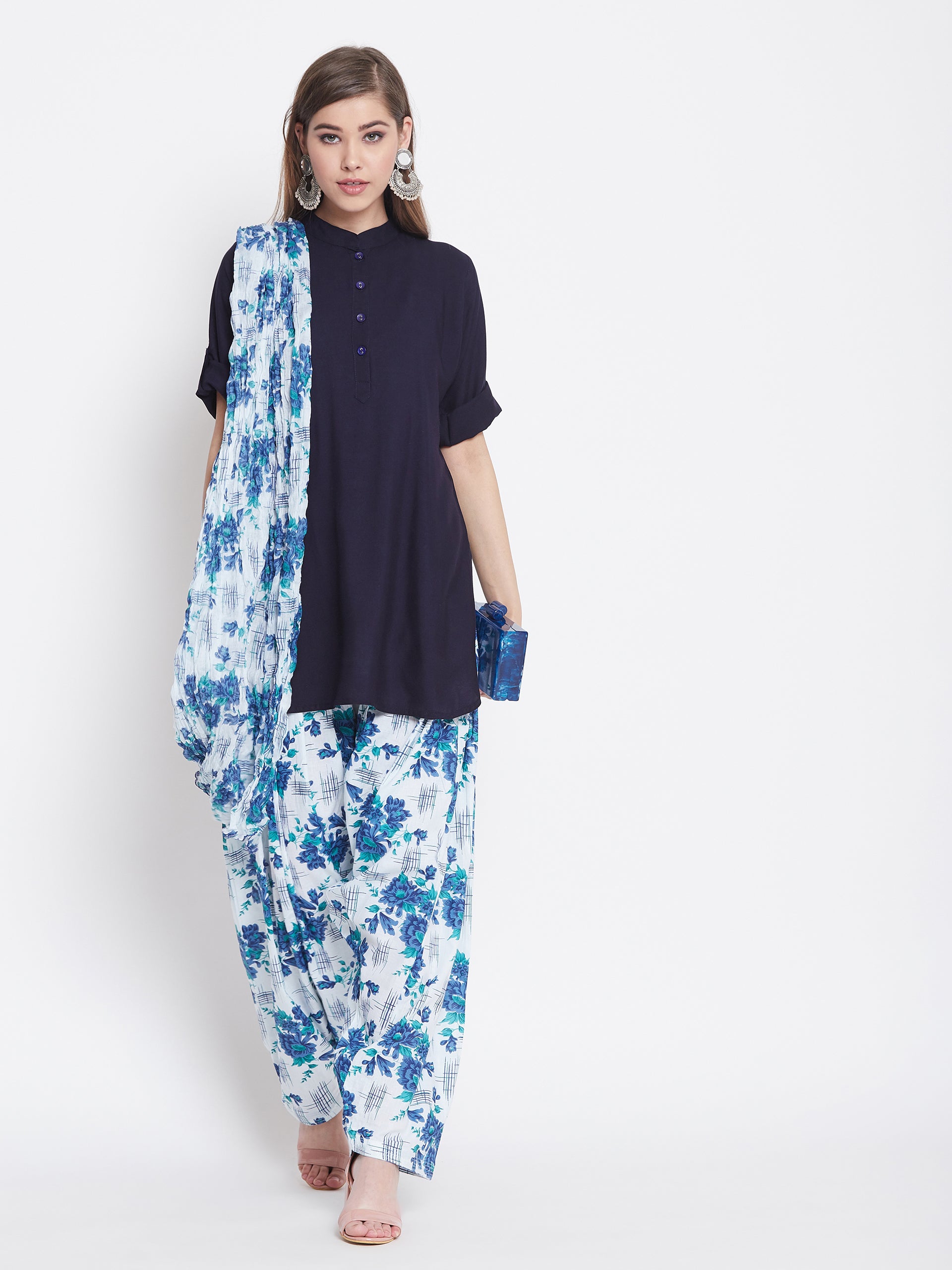 Blue Floral Printed Cotton Patiala with Dupatta