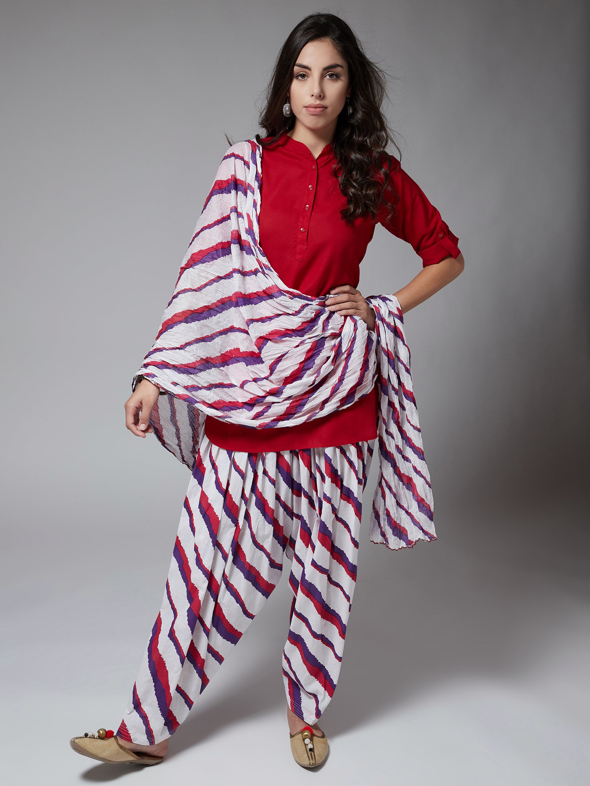 Regimental Stripes Patiala with Red Kurti Set