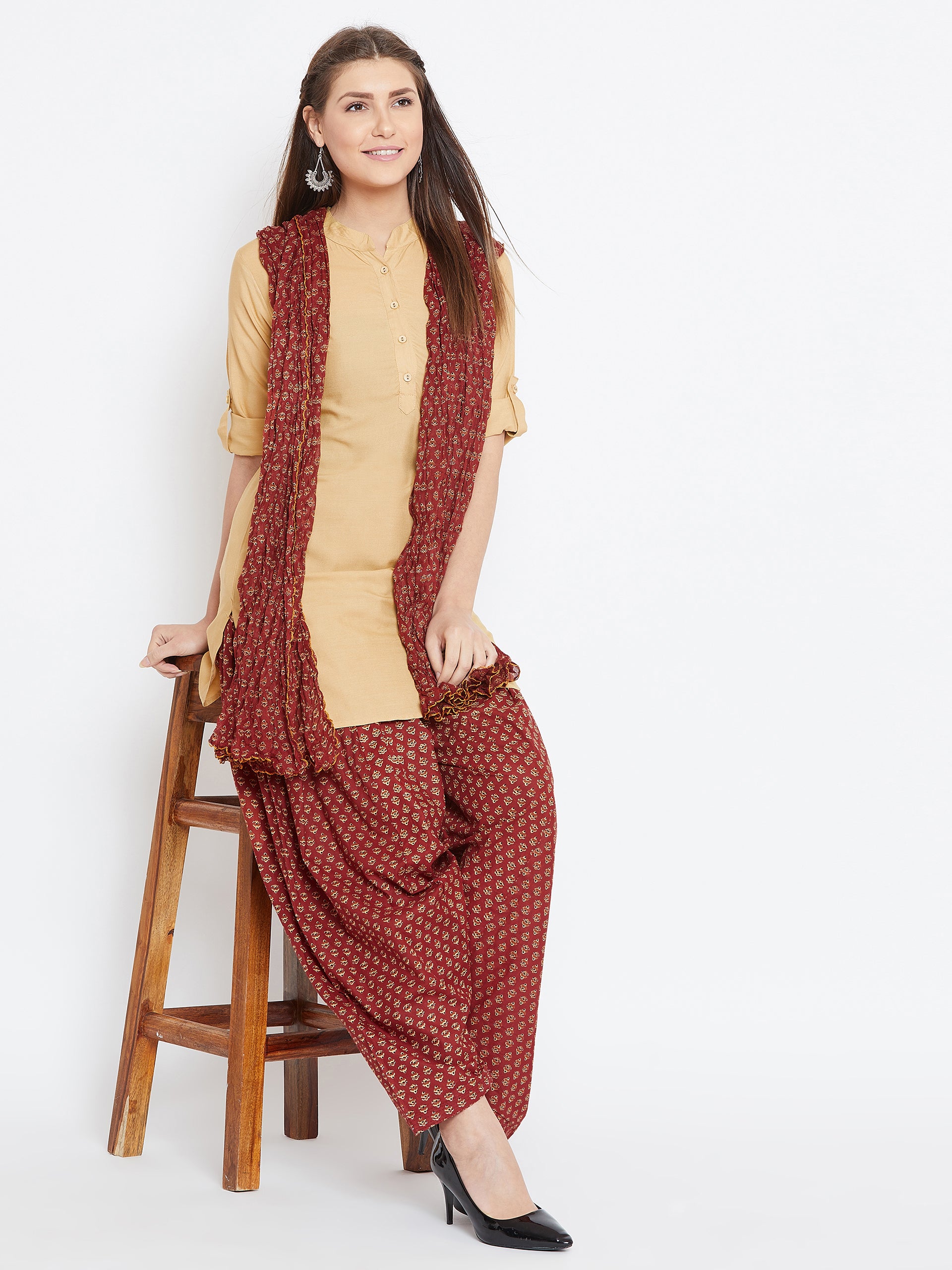 Ditsy Print Patiala with Fawn Kurti Set
