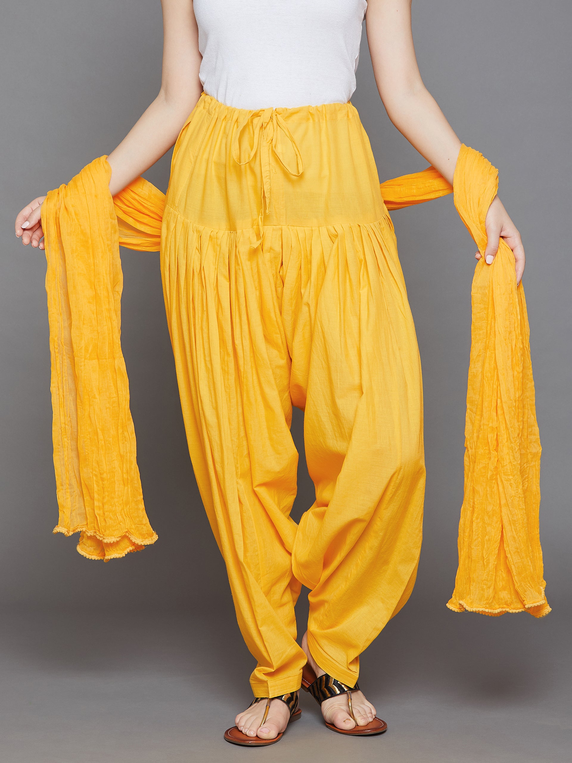 Yellow Cotton Plain Patiala with Dupatta