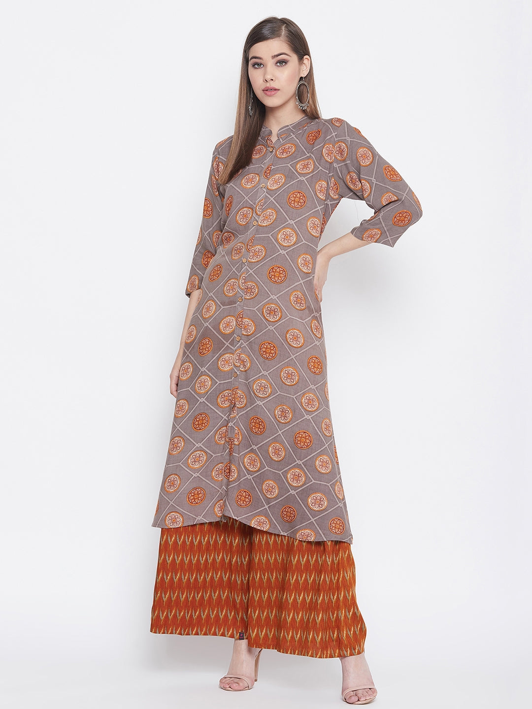 Printed sand wisp and maroon Kurti with palazzo
