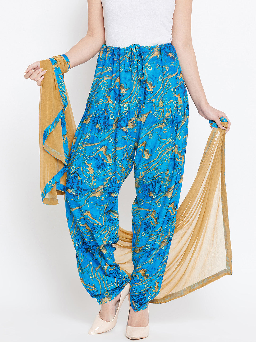 Blue Marble Pattern Printed Rayon Patiala with Dupatta