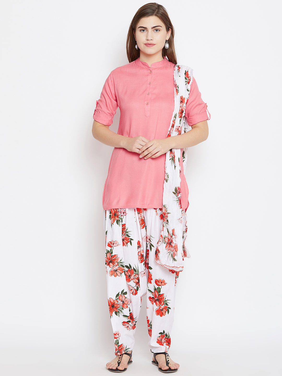 Floral Patiala with Peach Kurti Set