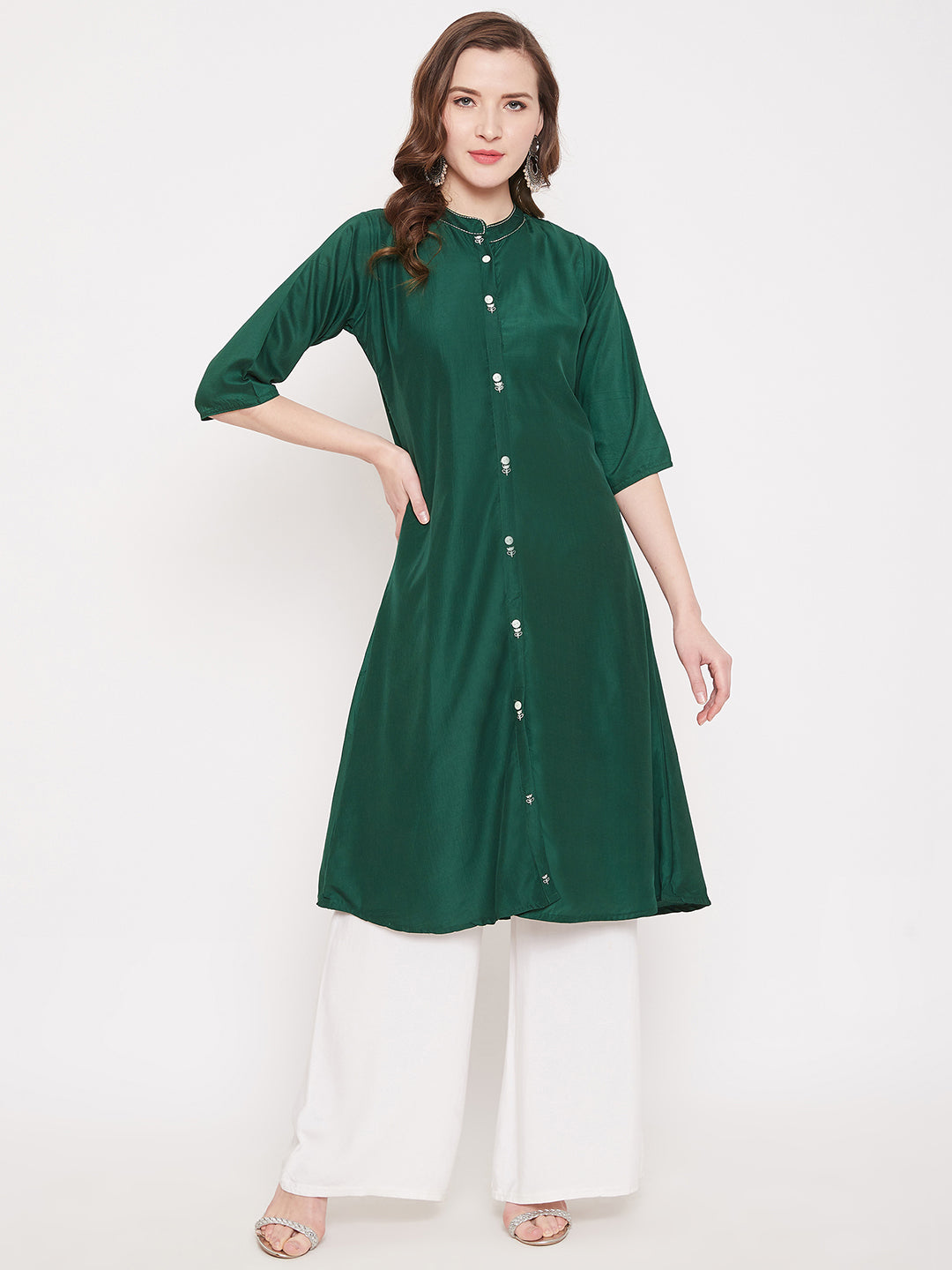 Bottle Green Embroidery Solid Color Kurti DarkGreen