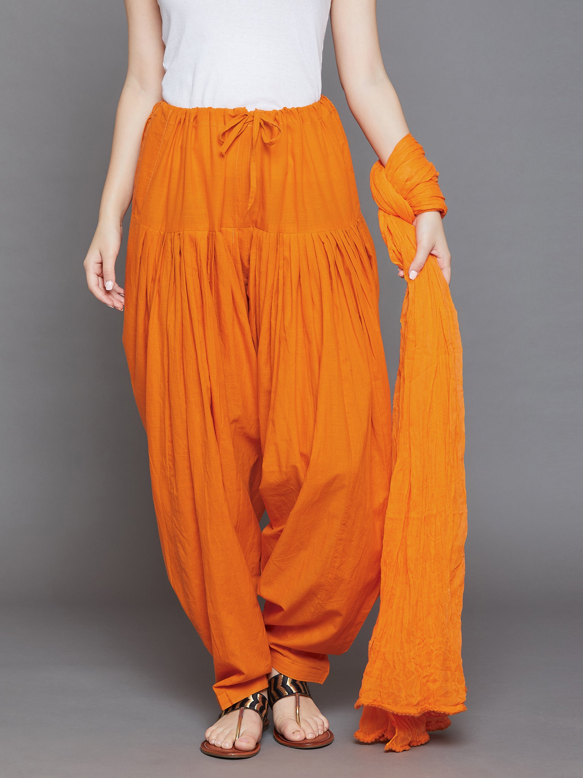 Orange Cotton Plain Patiala with Dupatta