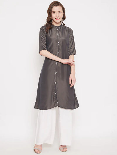 Peacock Blue Embroidery Solid Color Kurti DimGrey