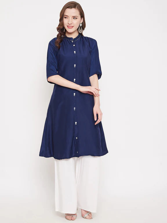 Peacock Blue Embroidery Solid Color Kurti