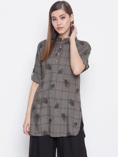 Empressgrey with Feather Print Short Kurta