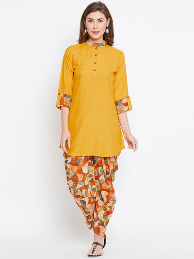 Mango Yellow with Geometric Print Dhoti Set