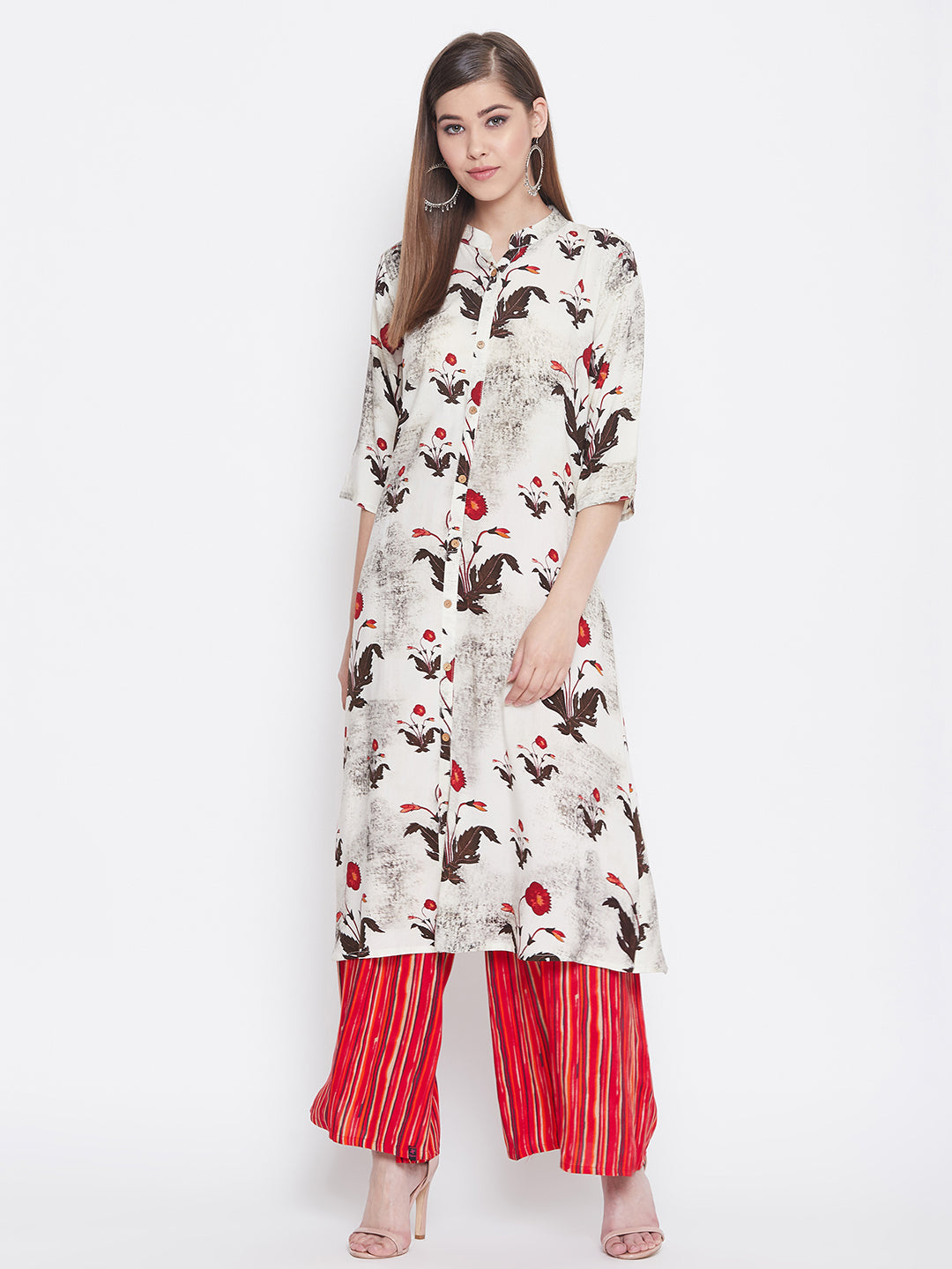 Floral Printed White and Red Kurti with Palazzo