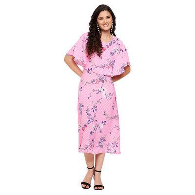 Floral Polka Cape Midi Dress Pastel Pink