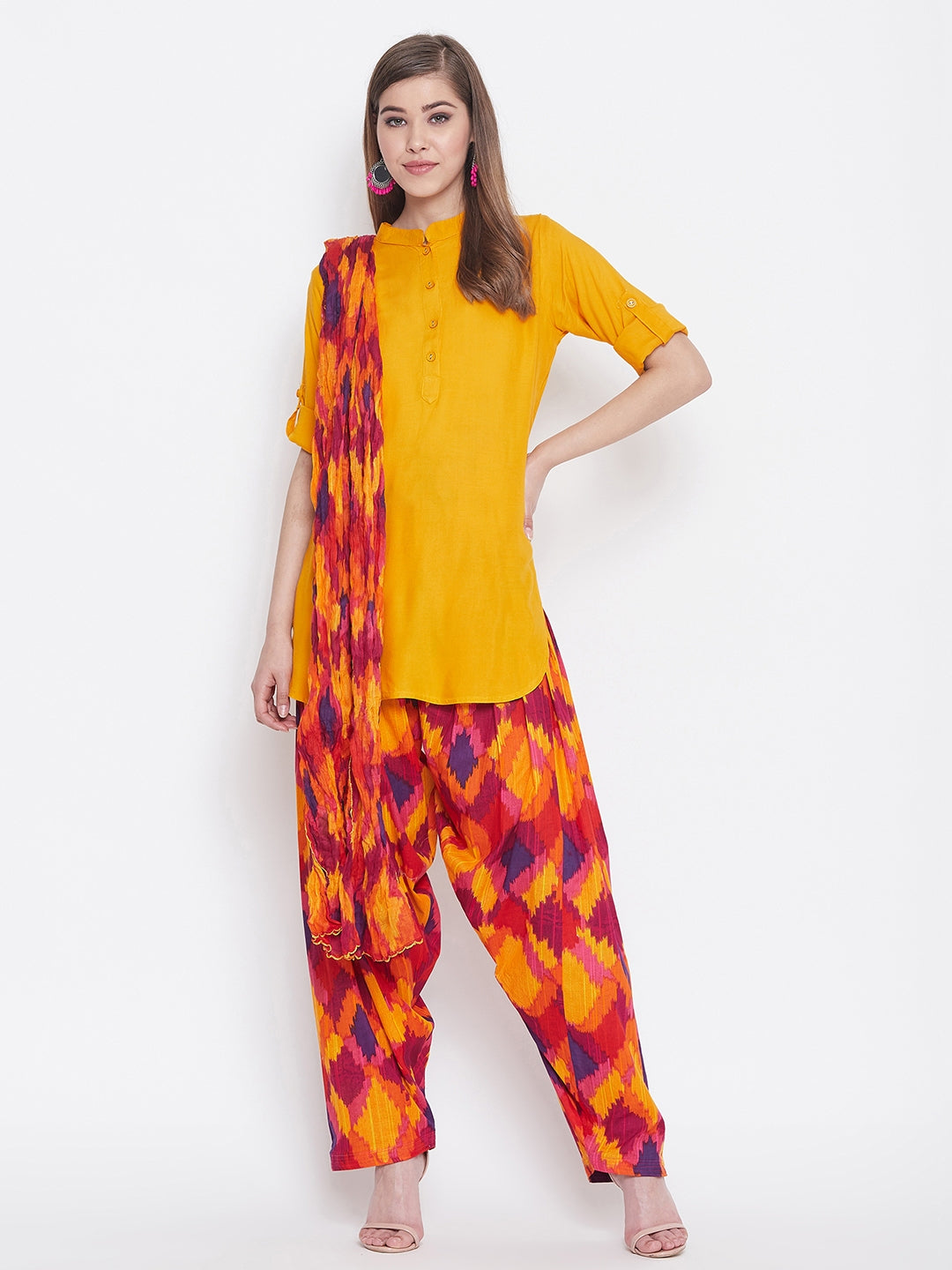 Mosaic Print Patiala with Mustard Yellow Kurti Set