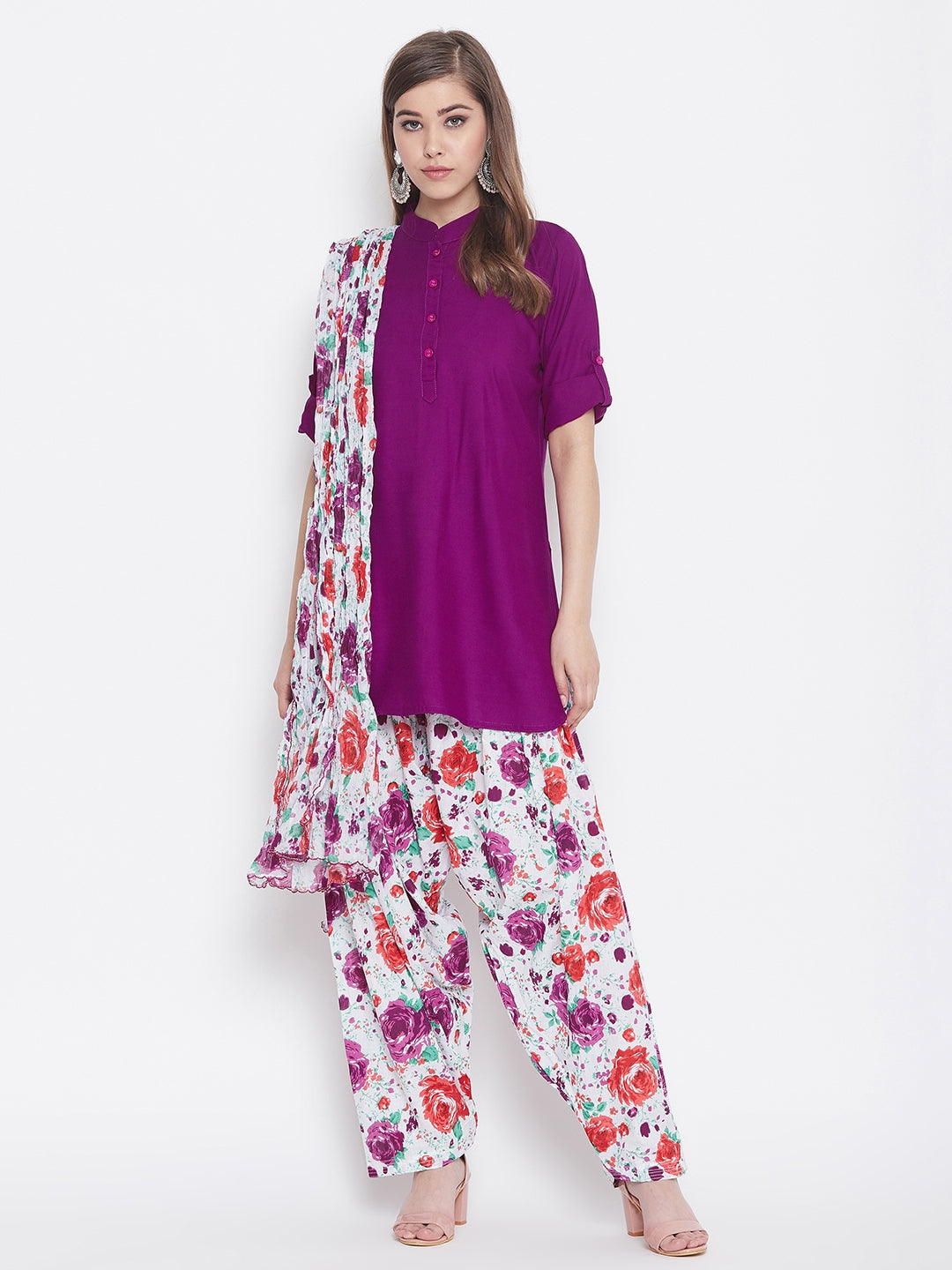 Floral Print Patiala with Purple Kurti Set
