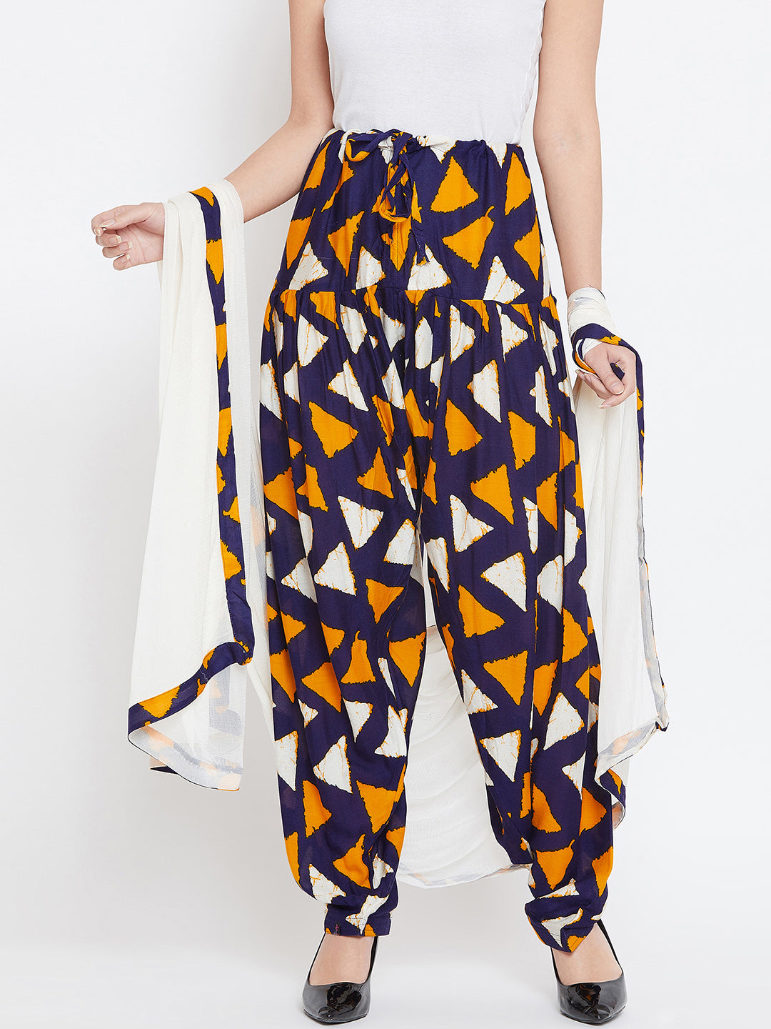 Orange & Navy Blue Geometrical Print Rayon Patiala with Dupatta