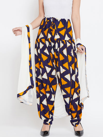 Orange & Navy Blue Geometrical Print Rayon Patiala with Dupatta