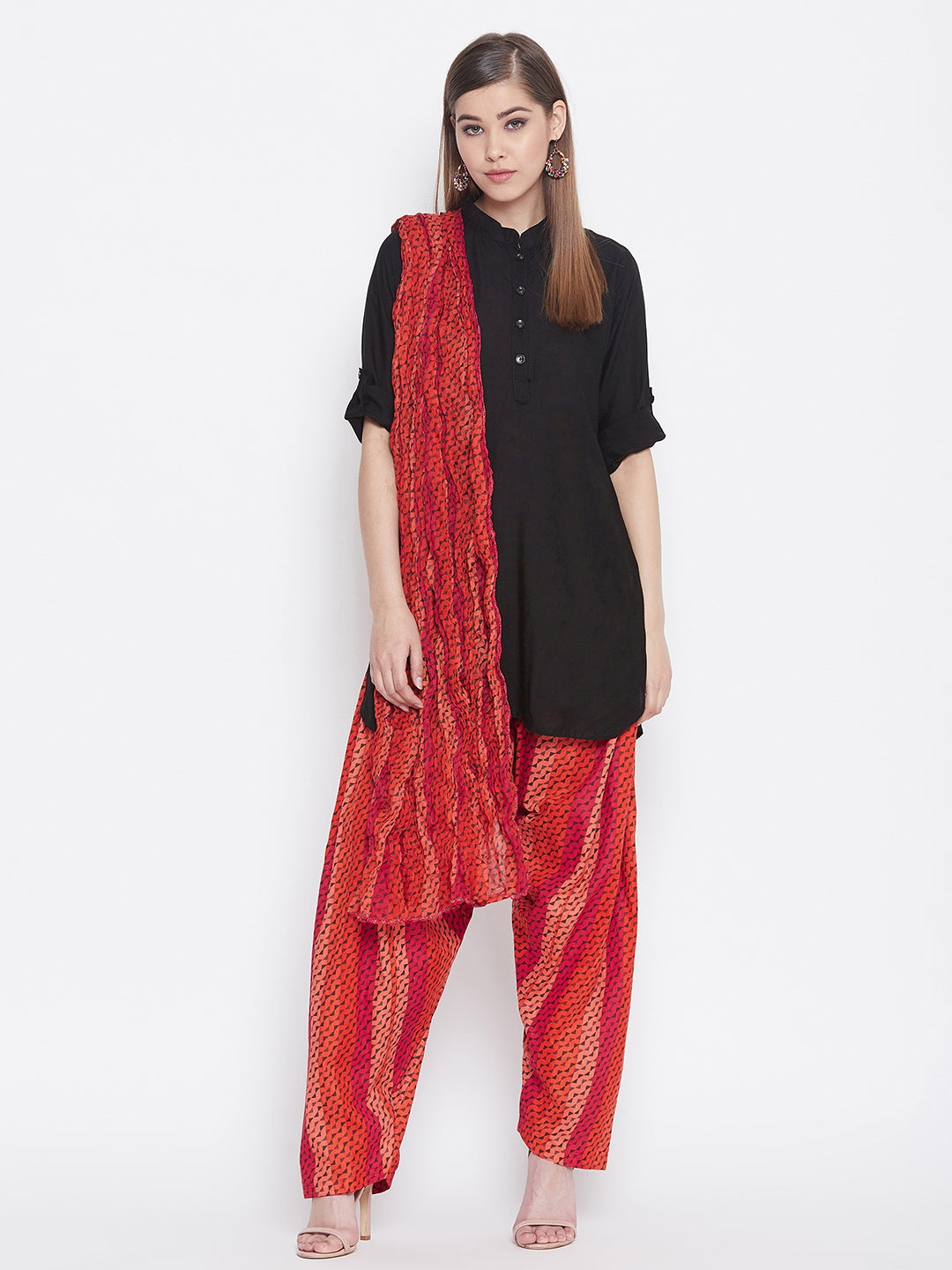 Multicolour Floating Lines Patiala with Black Kurti Set