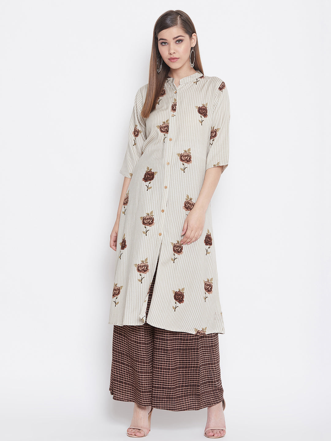 Rose Printed brown and White Kurti with Palazzo