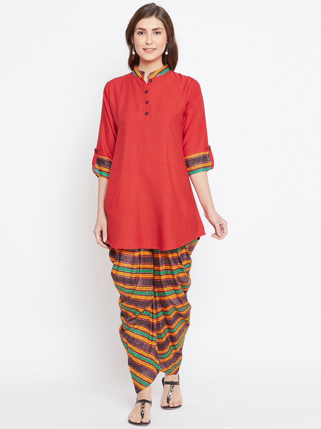 Red with Multi-striped Print Dhoti Set