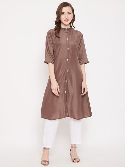 Brown Embroidery Solid Color Kurti RosyBrown