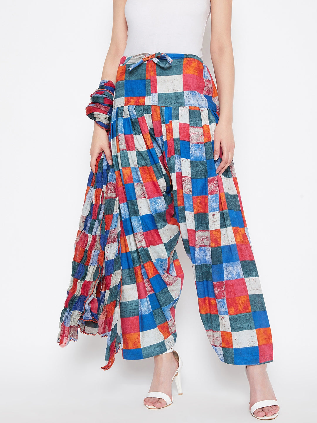 Multicolour Checks Printed Cotton Patiala with Dupatta