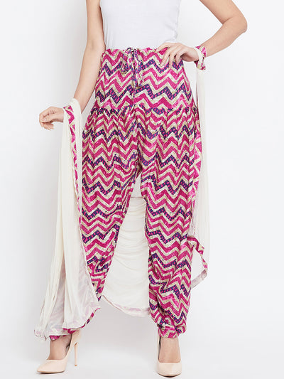 Pink and Navy Blue Chevron Printed Rayon Patiala with Dupatta Free Size