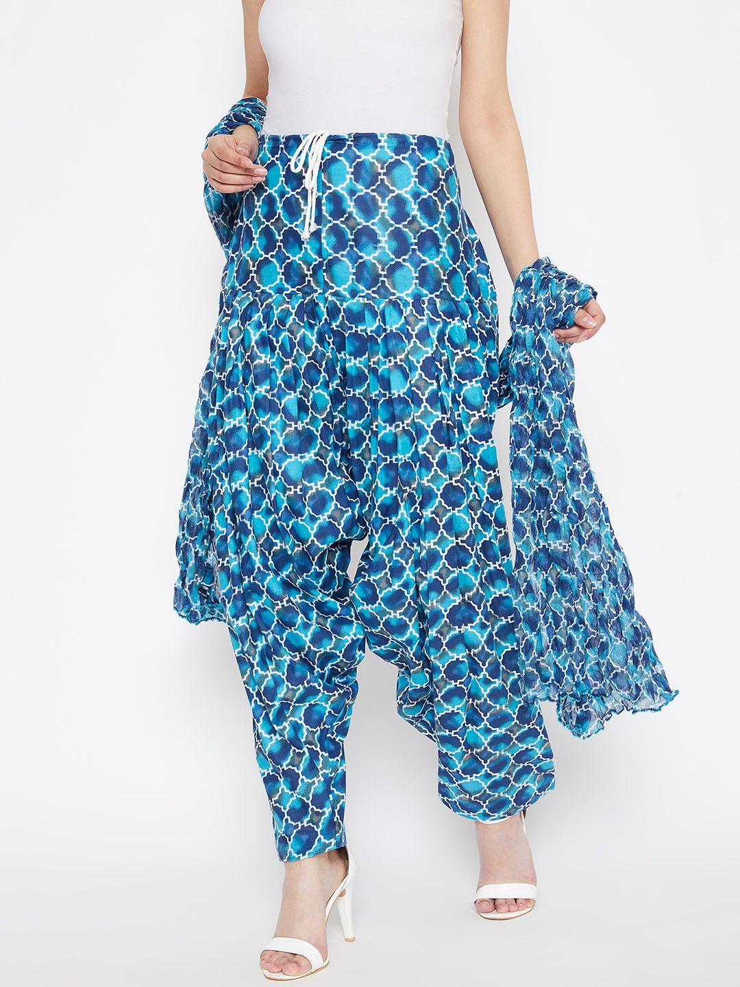 Blue Agate Printed Cotton Patiala with Dupatta