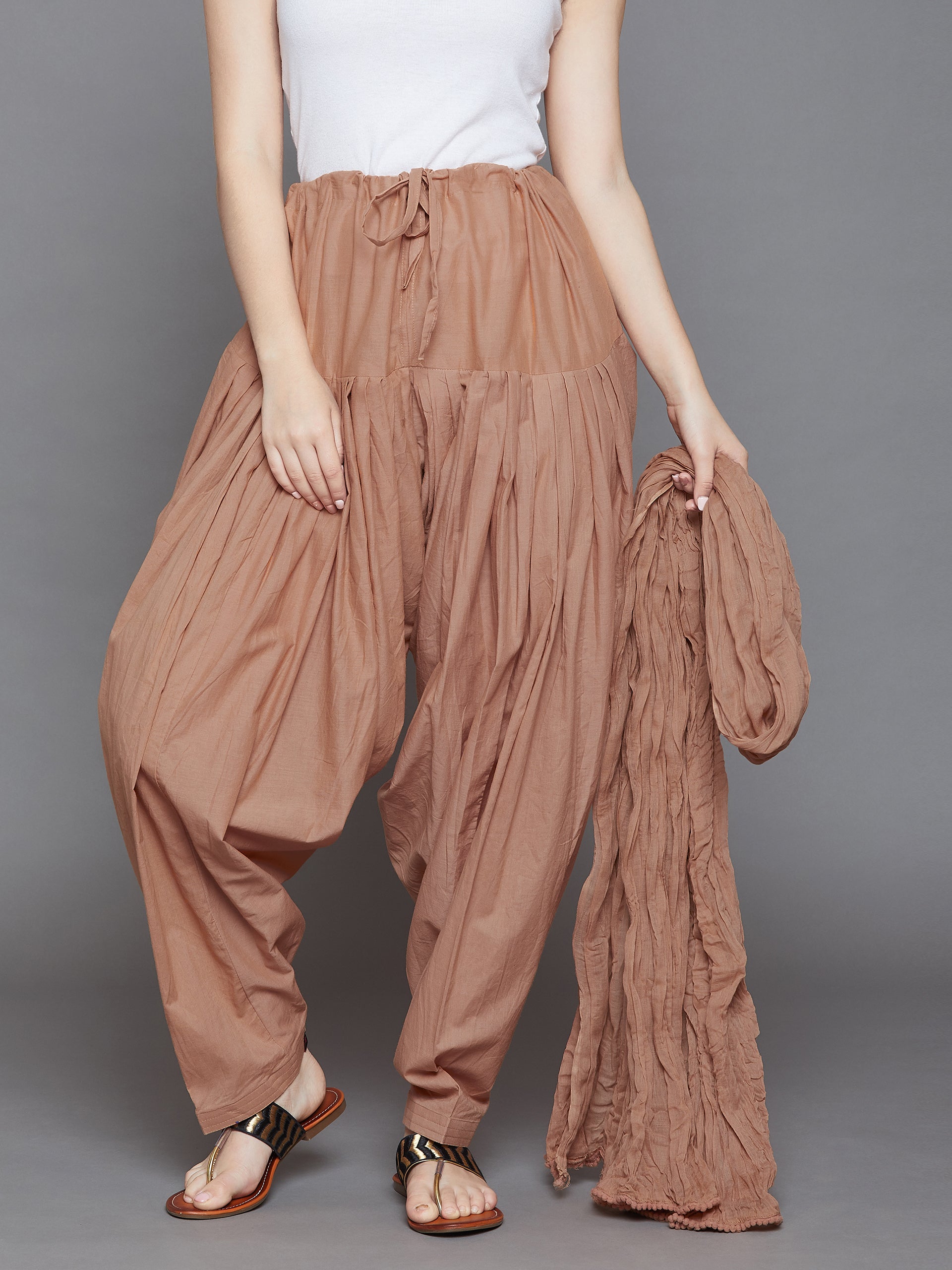 Brown Cotton Plain Patiala with Dupatta