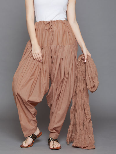 Brown Cotton Plain Patiala with Dupatta