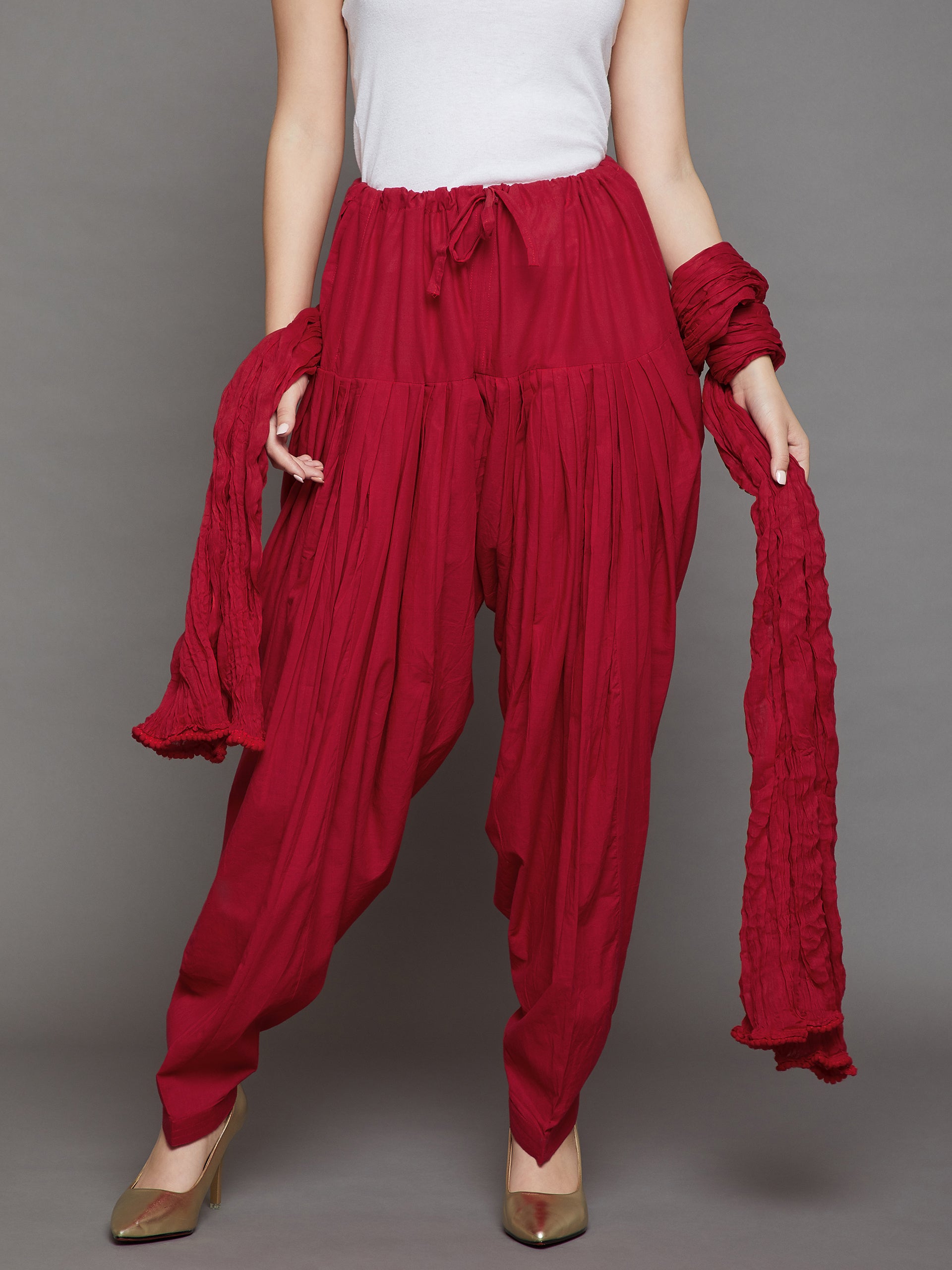 Red Cotton Plain Patiala with Dupatta