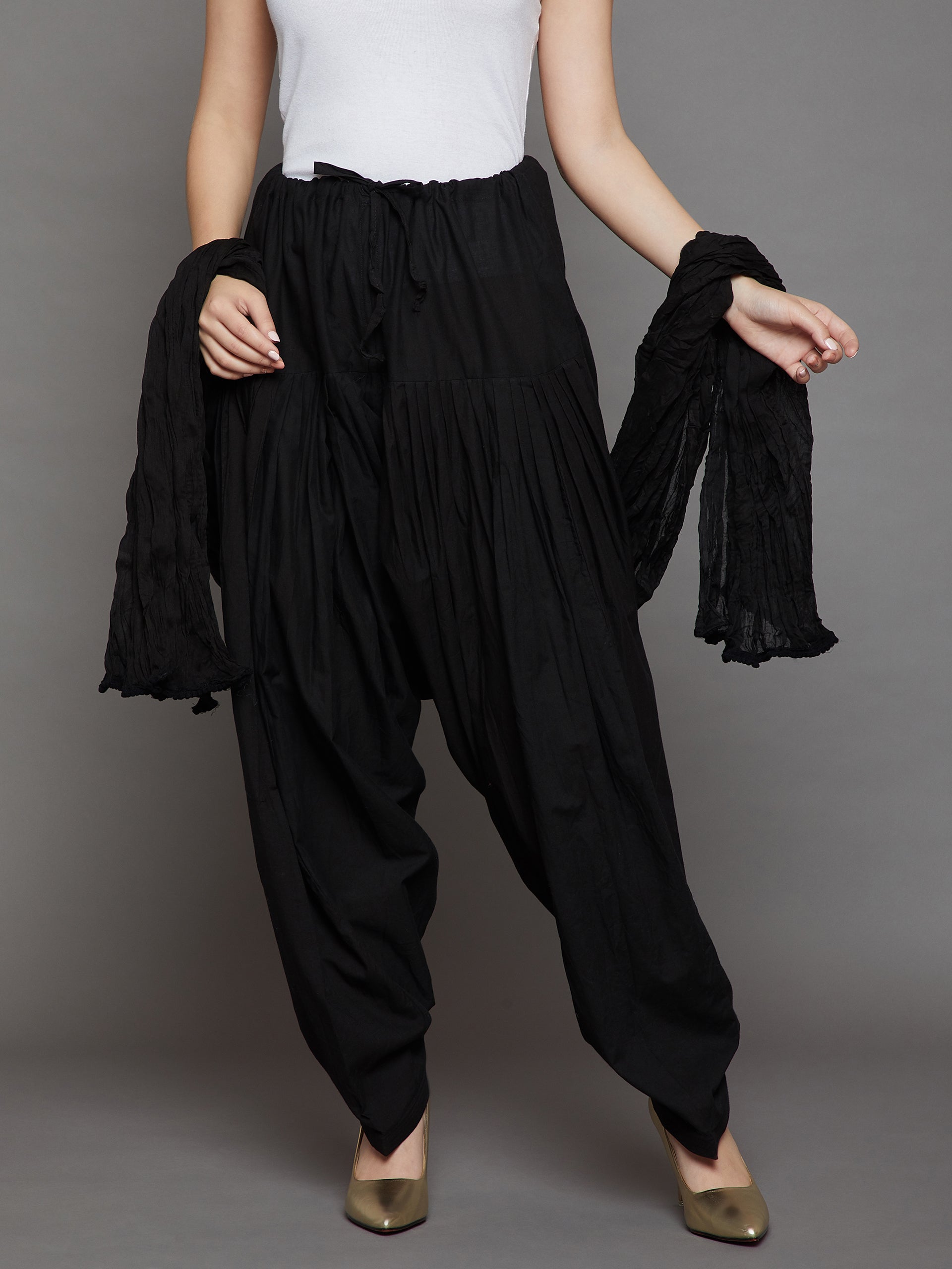 Black Cotton Plain Patiala with Dupatta